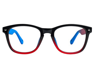 Black eyeglasses with red and blue gradient lenses