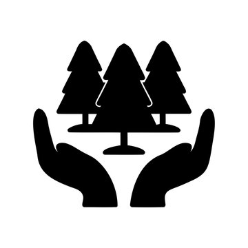 Hands gently holding a forest of three trees in a symbol of care