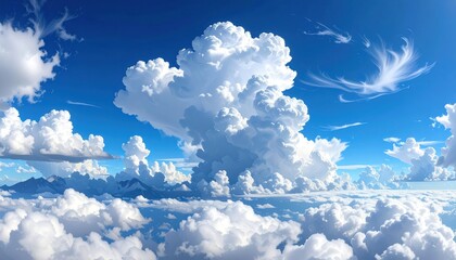 A breathtaking aerial vista showcases layers of fluffy white clouds against a vibrant blue sky, stretching endlessly toward the horizon