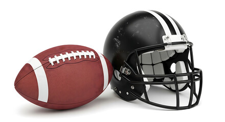 Still life of an american football and a black helmet with white stripes on a white background ai generated