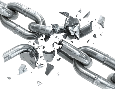 Shattered metal chain, broken link explodes