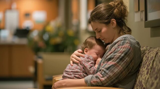 A mother comforting baby in hospital waiting room with emotional caring and support, healthcare family stress concern evening love