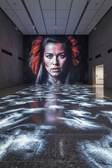 An avant-garde contemporary art exhibition space with an art piece prominently displayed on the far central wall