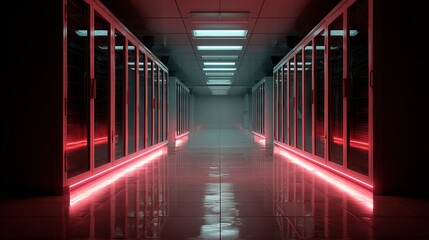 Futuristic server room with sleek racks and pulsating red LED lighting creating a high tech atmosphere for data centers