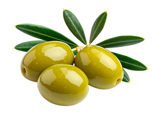 Three green olives with leaves