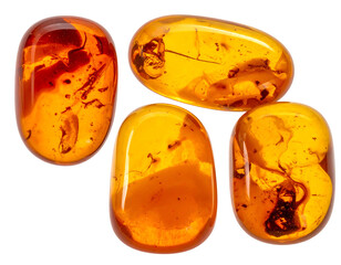 Close-up of four polished amber gemstones