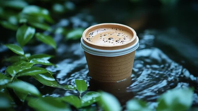 Coffee cup floating in a serene natural setting