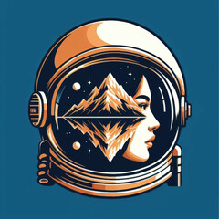 Astronaut helmet reflecting a woman and mountains.