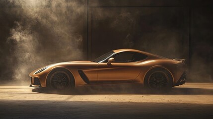Golden sports car in a dimly lit, dusty interior