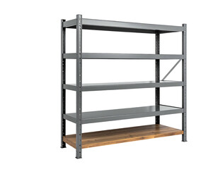 Gray metal shelving unit with wooden base, four tiers