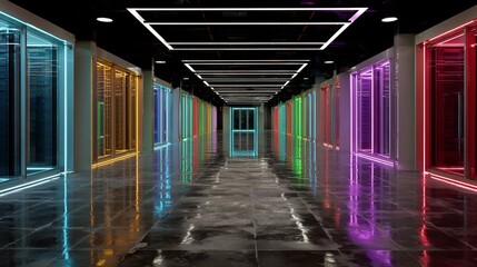 Futuristic server room illuminated by vibrant neon lights, showcasing rows of data racks in a modern, high-tech environment.