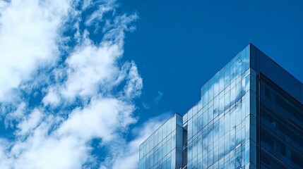 Fototapeta premium A modern glass skyscraper rises against a vibrant blue sky dotted with fluffy white clouds, showcasing sleek architectural design and reflective surfaces.