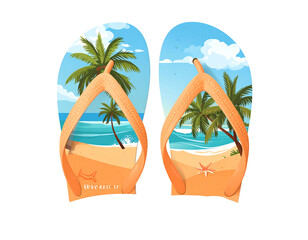 Pair of flip-flops with a tropical beach scene