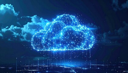 Blue glowing network cloud against a cloudy sky backdrop, resembling data storage and connectivity in a digital world