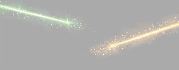 Green and orange horizontal laser beam. Neon line, presentation pointer. Glow flare light effect. Vector illustration. Isolated on grey background.