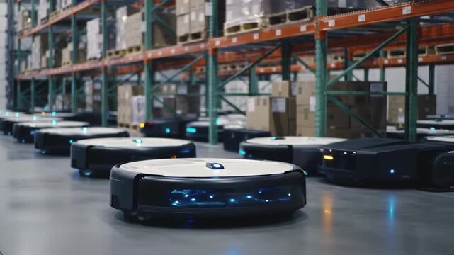Fleet Of Advanced Autonomous Mobile Robots (Amr) Working In A Futuristic Smart Warehouse. Logistics Automation And Industry 4.0 Concept.