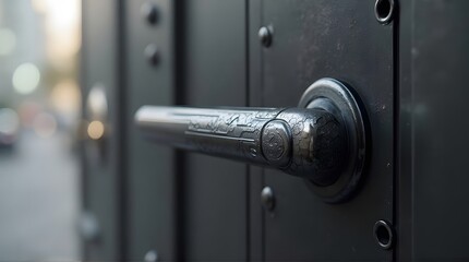 Ornate Metal Door Handle with Crackled Texture on Dark Door