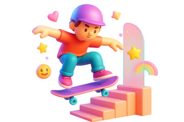Cartoon child skateboarding with stars, rainbow, and emoji around, isolated in colorful playful style on white background. Ai generative