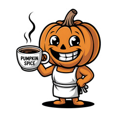 Happy cartoon pumpkin character holding pumpkin spice coffee