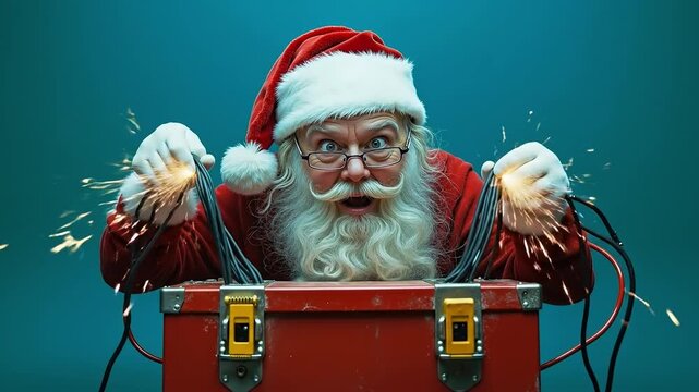 A man dressed as Santa Claus holding a red toolbox with wires in his hands