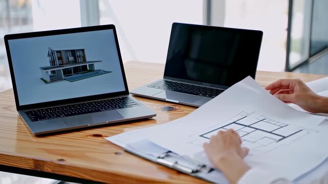 Two laptops displaying architectural design and blueprints on a wooden table