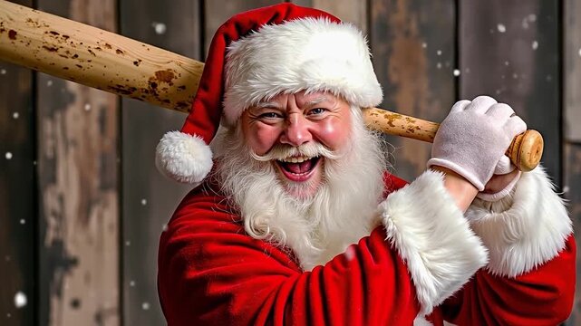 A man dressed as Santa Claus holding a baseball bat in the snow