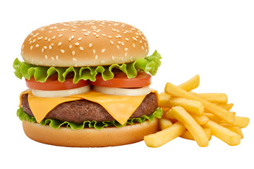 Delicious cheeseburger with a side of golden french fries isolated on transparent cutout background, cut out, png