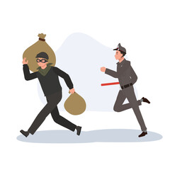 robbery criminal pursuit policeman chasing masked thief carrying stolen money