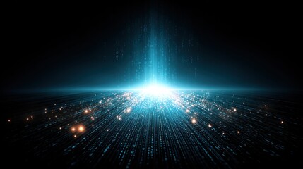 Ascending digital particles rise from a ground of tiny lights into a bright glowing beam against a dark backdrop, suggestive of light