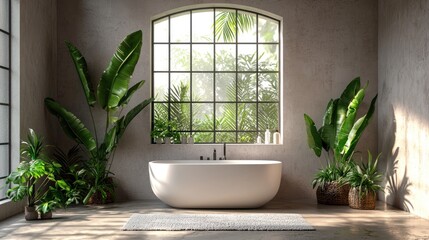 Bathtub in bright airy room surrounded by plants, large arched window