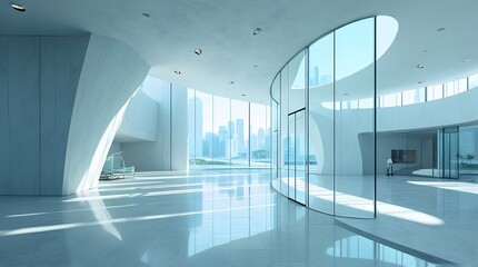 Bright, modern architectural interior with curved glass walls and city skyline view
