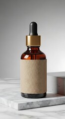 Amber glass dropper bottle with a kraft paper label on a marble surface.
