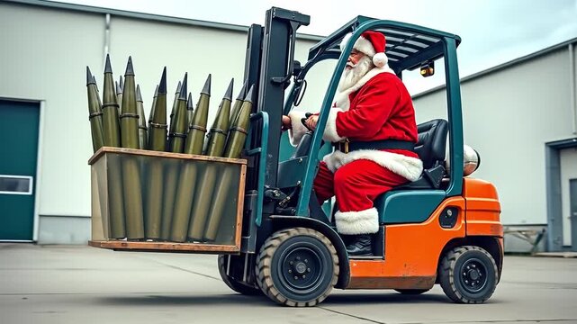 A man in a santa claus suit driving a forklift with a box full of bullets