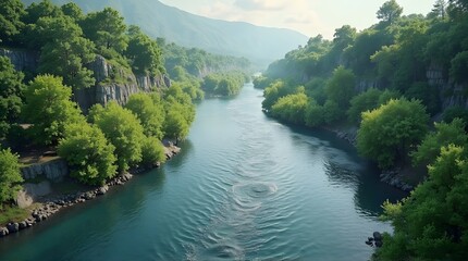 Mysterious whirlpool in a wide river flowing through a scenic green mountain gorge.