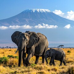 Two elephants, one large and one small, walk across a grassy field towards a snow-covered mountain range under a clear blue sky
