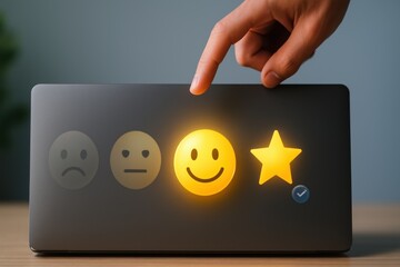 Hand selecting glowing smiley face icon for positive customer service rating and digital satisfaction review
