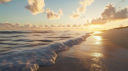 Golden sunset on a beach.  Ocean waves at sunrise
