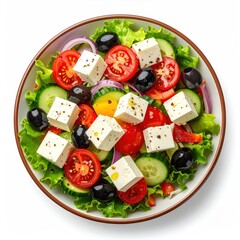 Overhead view of a vibrant salad in a bowl. It contains cheese, lettuce, tomatoes, cucumbers, olives and onion. Bright and colourful