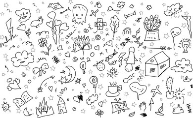 Hand Drawn Doodle Icons Collection – Hearts, Stars, Flowers, Arrows, Sun and Fun Sketch Elements on White Background