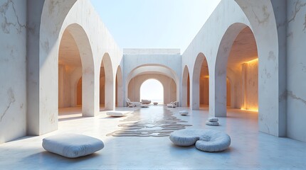 Minimalist Architectural Interior with Arches, Soft Furniture, and Light