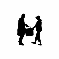 Silhouette of lab workers exchanging cooler box isolated on white background