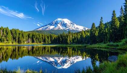 Mountain reflects serenely in lake, framed by green trees and tall grass beneath a vast, clear, blue sky with wispy clouds above