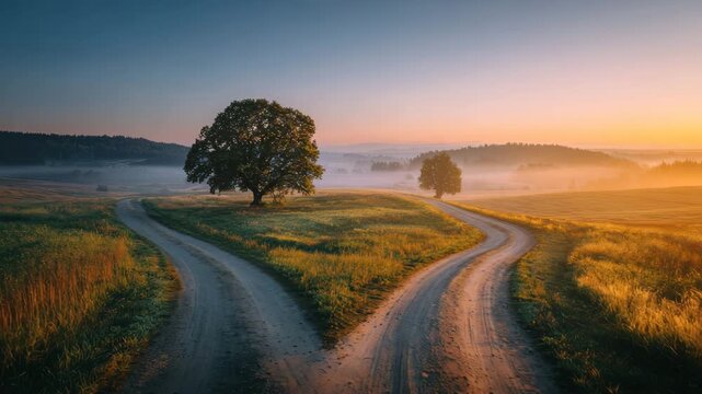 A peaceful sunrise illuminates a serene landscape featuring a fork in a dirt road. Two paths diverge surrounded by fog and vibrant greenery, creating a calm atmosphere