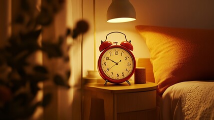 Naklejka premium Retro inspired alarm clock with a round face bell design and a vibrant red color sitting on a vintage nightstand with soft golden lighting creating a nostalgic atmosphere