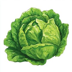 Fresh Green Lettuce Head with Water Droplets Digital Painting