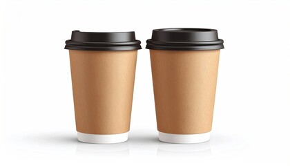 Two kraft paper coffee cups with black lids, one slightly taller than the other, stand on a reflective white surface against a white background