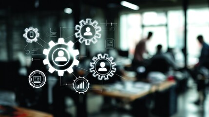 Office scene with glowing white figures overlaid. People blurred in background, desk space visible. Figures represent connection, technology, and cooperation