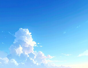 Bright blue sky with fluffy, white cumulus clouds, some streaky cirrus. Light filtering through at horizon. Soft painterly style illustration