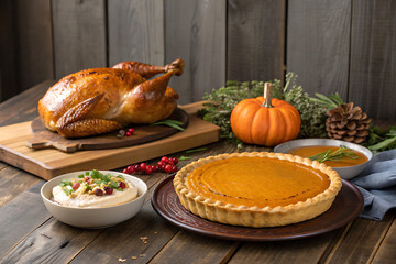A delicious golden brown roasted turkey sits on a wooden cutting board next to a pumpkin pie and a bowl of mashed potatoes