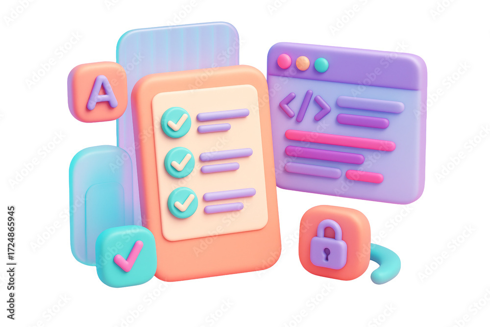 Wall mural colorful 3d-style interface elements including checklist, coding window, and lock icon isolated on w